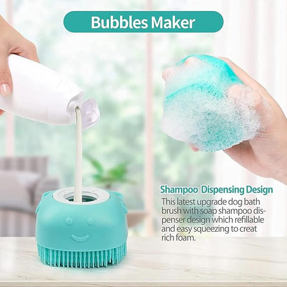 Dog Bath Brush - Pet Grooming Brush with Soap Dispenser - Soft Silicone Dog Shampoo Brush Scrubber - Short Long Haired Dogs and Cats Washing - PINK & GREEN 2 Count