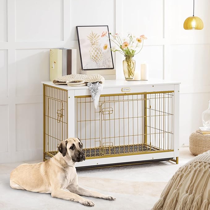 HOOBRO Dog Crate Furniture, 38.6" Large Dog Kennel Indoor, Wooden Cage with Pull-Out Tray, Double Doors Pet House Side End Table for Large/Medium/Small Dogs, White DW982GW03