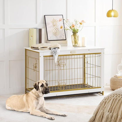 HOOBRO Dog Crate Furniture, 38.6" Large Dog Kennel Indoor, Wooden Cage with Pull-Out Tray, Double Doors Pet House Side End Table for Large/Medium/Small Dogs, White DW982GW03