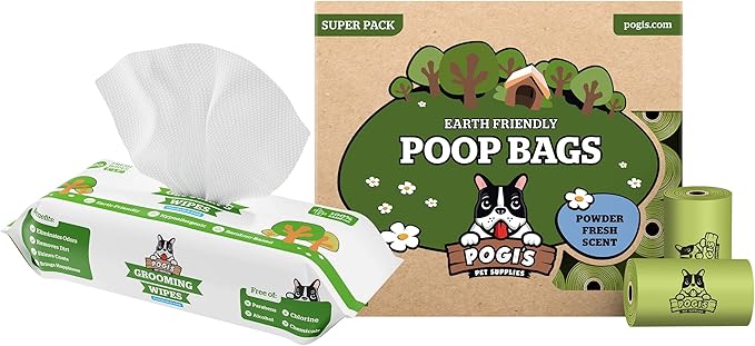 Pogi's Special Edition Poop n' Wipe Pack - 30 Powder Fresh Scented Rolls (450 Bags) and 1 resealable Pack of 100 Dog Grooming Fresh Wipes.