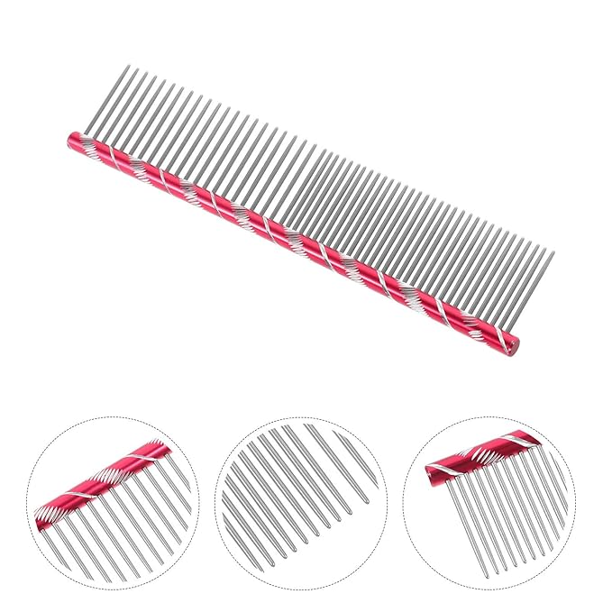 UEETEK Dog Grooming Comb : Stainless Steel Dog Combs with Rounded Ends for Dematting & Shedding, 2-in-1 Fine & Wide Tooth Design, 6.3 X 1.38 X 0.12 Inch (Rose Red)