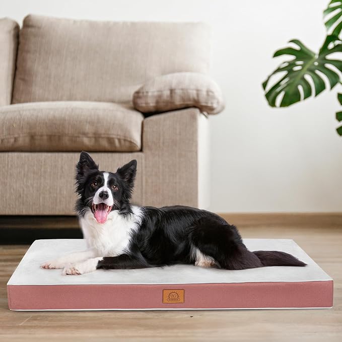Orthopedic Dog Bed for Extra Large Dogs, Jumbo Waterproof Deluxe Plush Dog Crate Bed with Removable Washable Cover & Anti-Slip Bottom, Egg Crate Foam Pet Bed Mat, 47 x 29 Inches, Pink