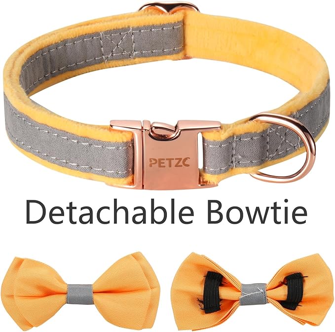Dog Collar,Metal Buckle Pet Collar Suede Dog Collar Soft&Comfy Adjustable Pet Gift Collars with Bow for Small Medium Large Dogs (Medium, Gray&Yellow)