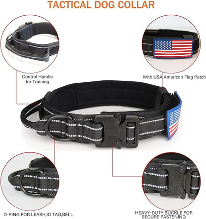 KCUCOP Tactical Dog Collar, Heavy Duty Dog Collar with Handle and Metal Buckle, Military Thick Dog Collars for Medium and Large Dogs(Black-XL-Reflective, 1 Patch)