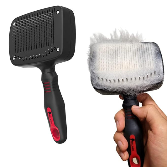 Self Cleaning Slicker TWO in One Brush - Updated Button - Slicker & Undercoat Rake - Remove Shedding Dog Hair, Undercoat & Mats, for Medium & Long Haired Dogs, Great for Husky, GSD