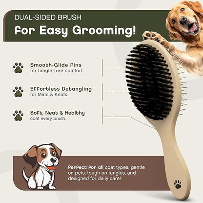 Floof Double-Sided Pet Brush,Metallic Pins & Vegan Boar Bristles for Long & Short Haired Dogs and Cats | Premium Wooden Handle for Comfort | Eco-Friendly Deshedding,Gentle Detangling,& Easy to Clean