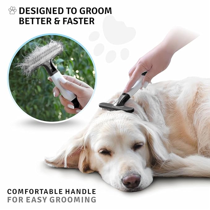 POODLIE Poodle Pet Dog Grooming Rake | Dematting Tool with Stainless Steel Shedding Comb for Pets | 2 Rows of Pins Gently Remove Loose or Tangled Hair from Undercoat (Black)