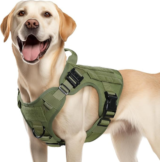 rabbitgoo Tactical Dog Harness for Large Dogs, Heavy Duty Dog Harness with Handle, No-Pull Service Dog Vest Large Breed, Adjustable Military Dog Vest Harness for Training Hunting Walking, Green, M