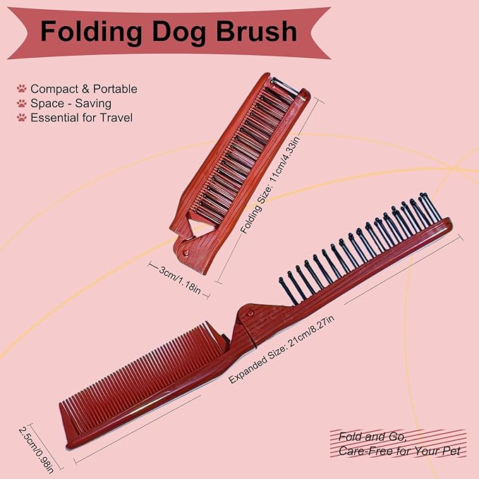 Folding Small Dog Grooming Brush - Perfect for Shih Tzus, Yorkies, and Maltipoos - Ideal Puppy Hair Brushes for Maltese and Small Breeds (Red)