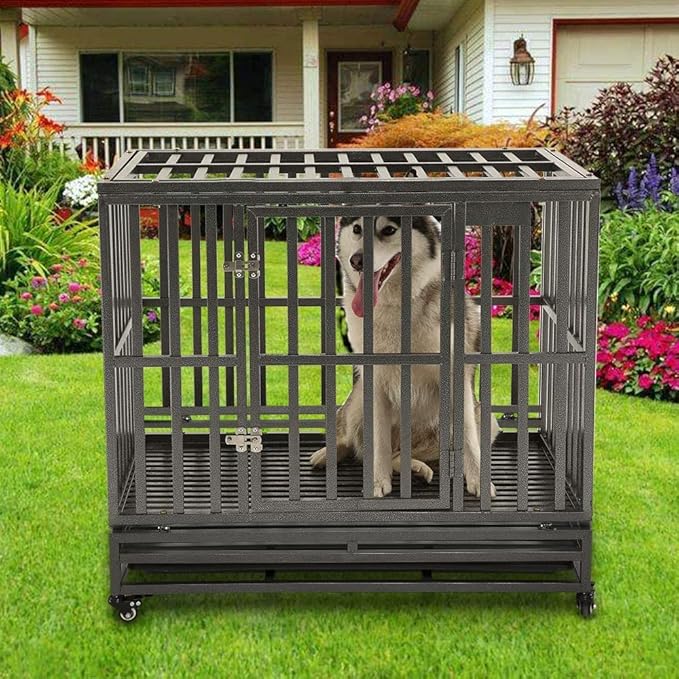 KELIXU 38” Heavy Duty Dog Crate Large Dog Cage Metal Dog Kennels and Crates for Large Dogs Indoor Outdoor with Locks, Lockable Wheels and Removable Tray, Easy to Install, Black