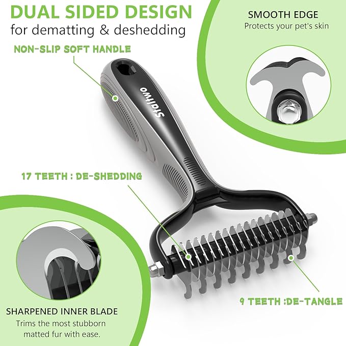 Pet Grooming Supplies - 2-in-1 Professional Undercoat Rake and Pet Brush | Shedding Control for Long-Haired Dogs and Cats, Deshedding Tool, Knot Removal,Grey