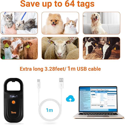 Tera Pet Microchip Reader with D-Ring RFID Portable Animal Chip ID Scanner with OLED Display Screen Rechargeable Data Storage Tag Scanner EMID FDX-B(ISO11784/85) for Dogs, Cats & Animal Management