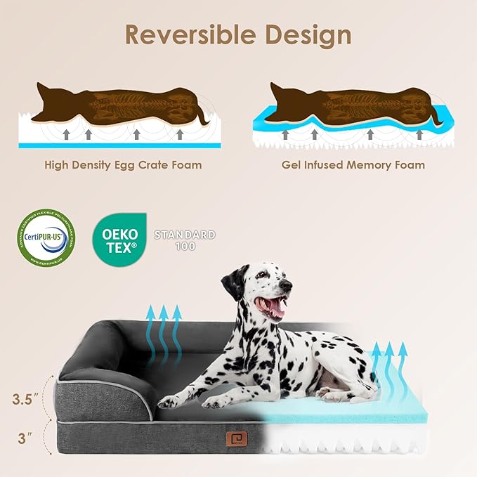EHEYCIGA Orthopedic Dog Beds for Large Dogs, Waterproof Memory Foam Large Dog Bed with Sides, Non-Slip Bottom and Egg-Crate Foam Large Dog Couch Bed with Washable Removable Cover, Dark Grey