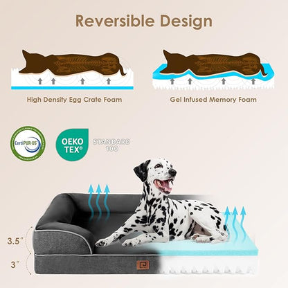 EHEYCIGA Orthopedic Dog Beds for Large Dogs, Waterproof Memory Foam Large Dog Bed with Sides, Non-Slip Bottom and Egg-Crate Foam Large Dog Couch Bed with Washable Removable Cover, Dark Grey