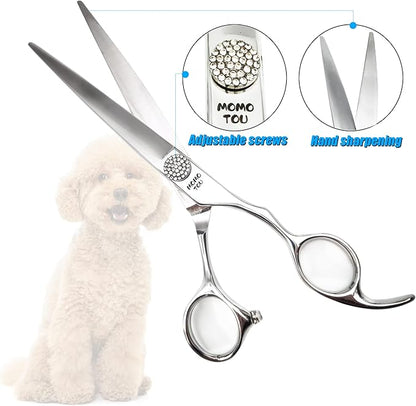 Polished Dog Grooming Scissors Set with Simulation Diamond 440C Stainless Steel Thinner Curved Straight Chunker Shears with Comb 7''