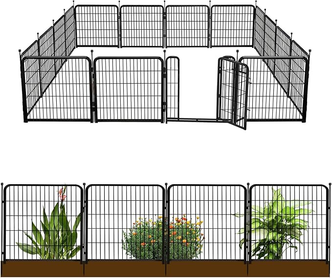 Tall Garden Fence with Gate 48 in(H)×27 in(L) 12 Panels Total 26.6 Ft(L), Garden Fencing to Keep Dogs Out, Heavy Duty Iron Metal Animal Barrier Fence, Flower Bed Fencing
