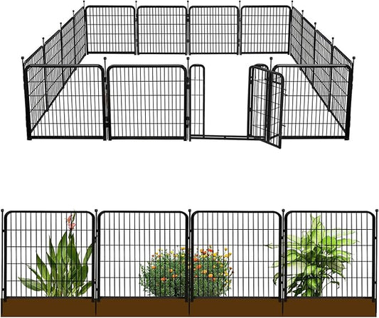 Tall Garden Fence with Gate 48 in(H)×27 in(L) 12 Panels Total 26.6 Ft(L), Garden Fencing to Keep Dogs Out, Heavy Duty Iron Metal Animal Barrier Fence, Flower Bed Fencing