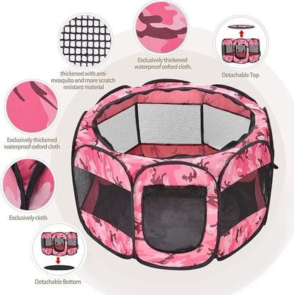 Foldable Pet Dog Playpen, Pop Up Portable Cat Playpen, Indoor/Outdoor for Kitten Puppy Play Pen, Cats Crate Tent with Carrying Bag, 600D Oxford (Camo Pink, Medium (31.5"x31.5"x23"), 8)