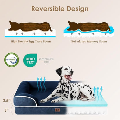 EHEYCIGA Orthopedic Dog Beds for Large Dogs, Waterproof Memory Foam Large Dog Bed with Sides, Non-Slip Bottom and Egg-Crate Foam Large Dog Couch Bed with Washable Removable Cover, Navy