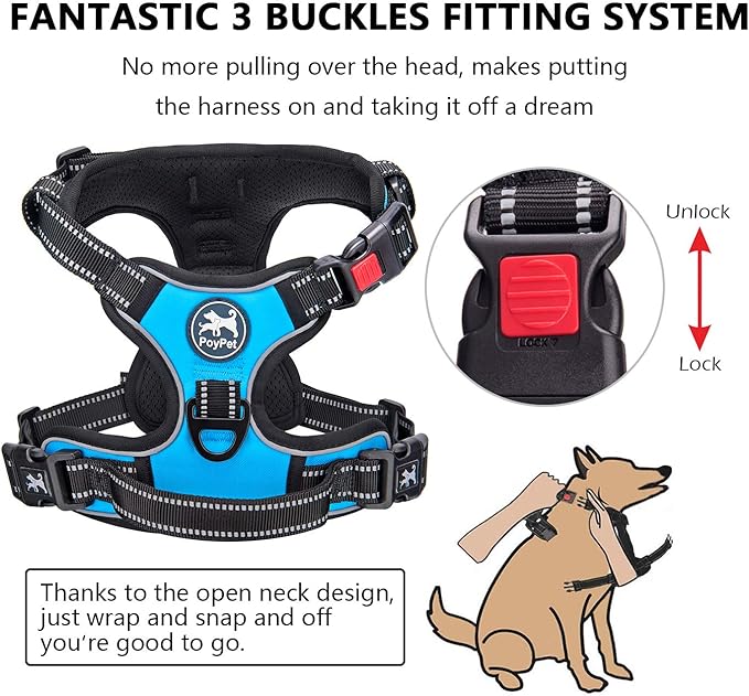 PoyPet No Pull Dog Harness, No Choke Front Lead Dog Reflective Harness, Adjustable Soft Padded Pet Vest with Easy Control Handle for Small to Large Dogs(Blue,XS)