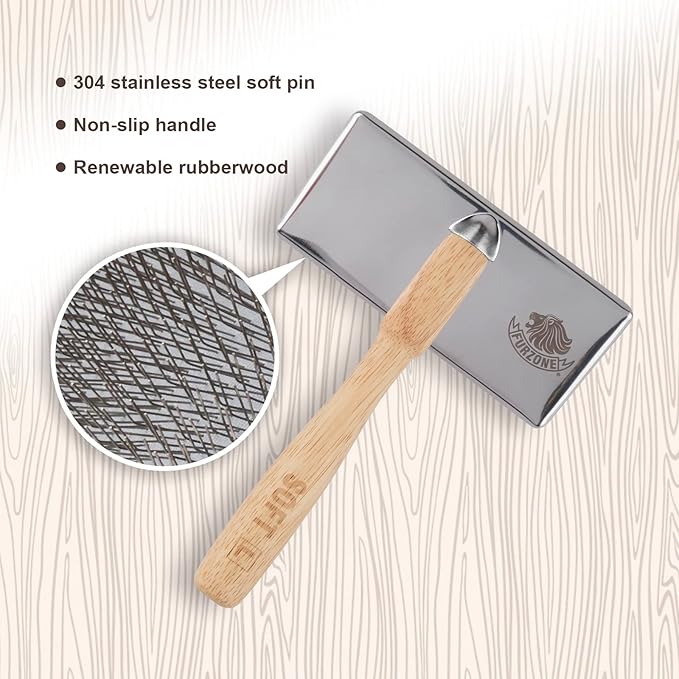 Wooden Slicker Brush for Dogs (Size L) - Stainless Steel Soft Pin Grooming Brush for Short Haired Pets