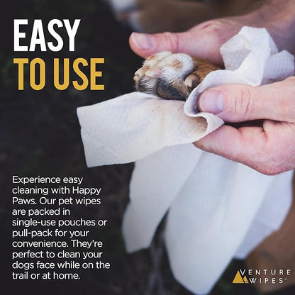 Venture Wipes Happy Paws - Natural Pet Wipes for Dogs and Cats - Biodegradable Grooming Wipes for Paws, Eyes, Ears, Glands, and More - Large Cleansing Cloths for Pet Care Essentials (20 Count)