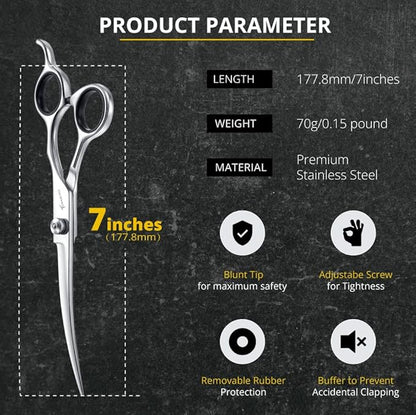 TOMBRO 7.0" Curved Dog Grooming Scissors Professional Curved Scissors for Pets 6CR Stainless Steel Pet Grooming Scissors with Safe Round Tips,Pets Grooming Shears with Offset Handle (Down-curved)