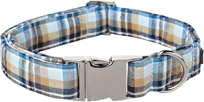 Lionet Paws Boy Dog Collar, Comfortable Adjustable Cute Blue Plaid Collar with Metal Buckle for Male Dogs Gift, Small, Neck 10-16 inches