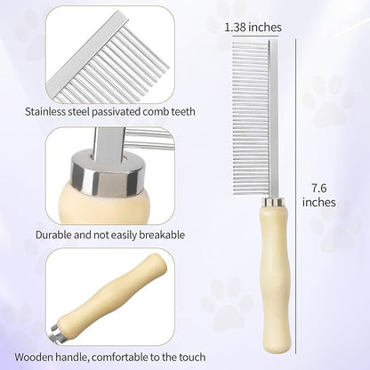 Pet Comb - Stainless Steel Teeth and Wooden Handle - Detangling and Smoothing Tool for Long and Short Hair Dogs and Cats