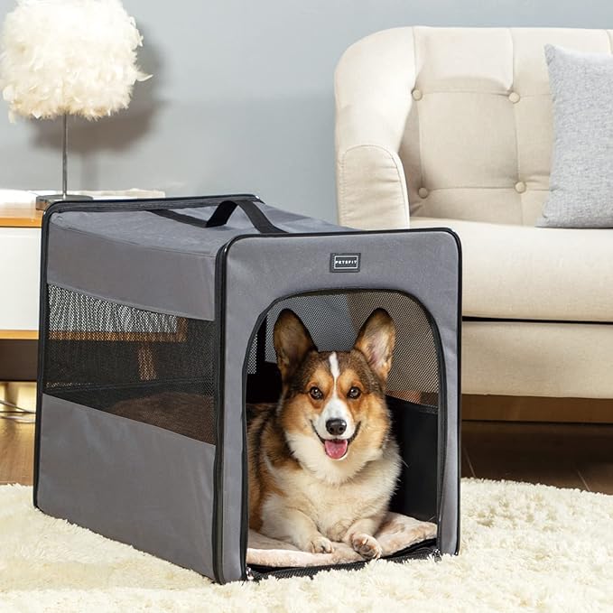 PETSFIT Portable Dog Crate, Travel Dog Crate - 24 Inch with Thicken Mat, Easy to Fold, Sturdy and Portable, Perfect for Traveling, Soft Dog Kennel Grey