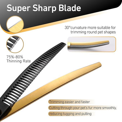 Fenice Peak Black and Golden Professional Curved Chunker Dog Grooming Scissors 7.5'' 440C Stainless Steel Thinner Shear Sharp and Durable with Decorative Screw