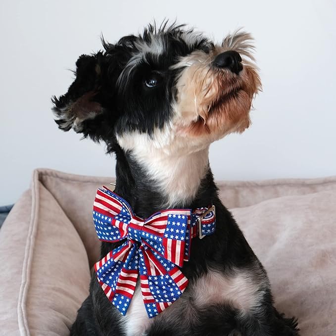 Lionet Paws Patriotic Dog Collar with Sailor Bow, 4th of July, Soft and Comfortable Adjustable American Flag Collar for Puppies and Cats, XXS, Neck 7-11 inches