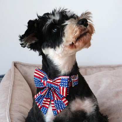 Lionet Paws Patriotic Dog Collar with Sailor Bow, 4th of July, Soft and Comfortable Adjustable American Flag Collar for Puppies and Cats, XXS, Neck 7-11 inches