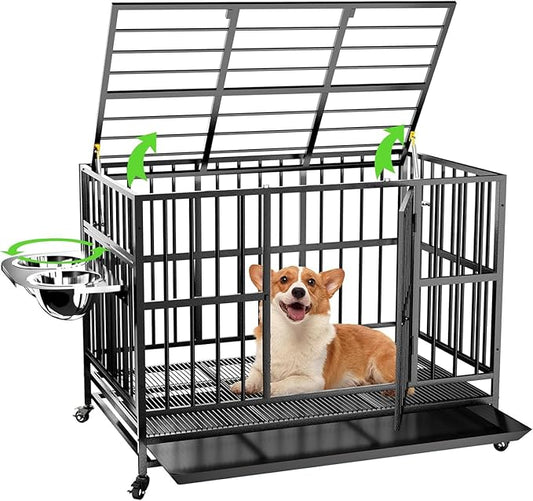 LOVMOR 37" Heavy Duty Dog Crate with Wheels/Unique Air Lift Rod / 360° & Adjustable 2 Bowls, Extra Small Dog Crate