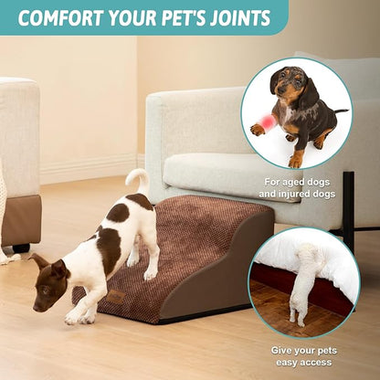 Dog Stairs for Chair, Small Dogs Steps for Cat, Sofa or Couch, Pet Ramp with Leakproof Cover, Lightweight, High Density Foam, Non-Slip, Durable, 15.7x19.7x11.8in, 2 Tiers, Brown