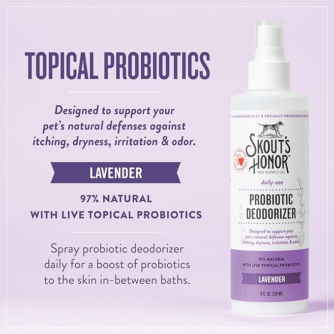 Skout's Honor Pet Deodorizer Spray- Hydrating Daily-Use with Avocado Oil & Omega-3s, Paraben & Sulfate-Free, 97% Natural, 8oz, Lavender