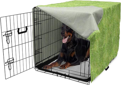Lunarable Green Dog Crate Cover, Line Art Style Flourish Pattern on Green Tone Backdrop Ornate Victorian, Easy to Use Pet Kennel Cover for Medium Large Dogs, 42 Inch, Apple Green Pale Yellow