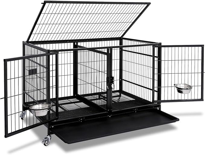 Homey Pet 43 Inch Metal Open Top Stackable Heavy Duty Dog Cage Kennel with Three Door, Metal Floor Grid, Tray, Wheels, Divider and Feeding Bowl, Drop Dog Cages Indoor