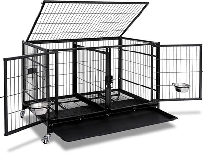Homey Pet 43 Inch Metal Open Top Stackable Heavy Duty Dog Cage Kennel with Three Door, Metal Floor Grid, Tray, Wheels, Divider and Feeding Bowl, Drop Dog Cages Indoor