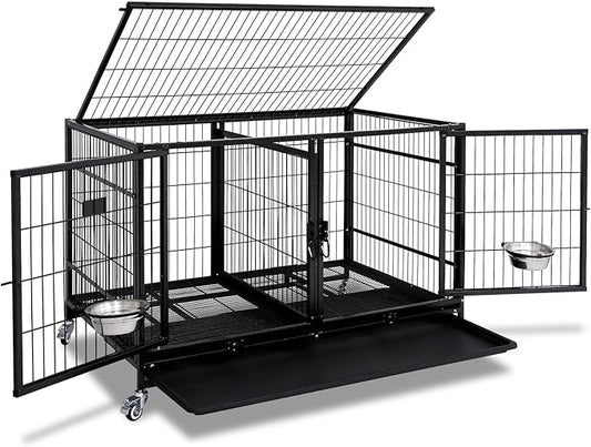 Homey Pet 43 Inch Metal Open Top Stackable Heavy Duty Dog Cage Kennel with Three Door, Metal Floor Grid, Tray, Wheels, Divider and Feeding Bowl, Drop Dog Cages Indoor