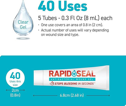 Wound Gel (5 Tubes) | Stops Bleeding in Seconds, Ideal for Cuts, Scrapes and Razor Nicks for Emergency First Aid Supplies