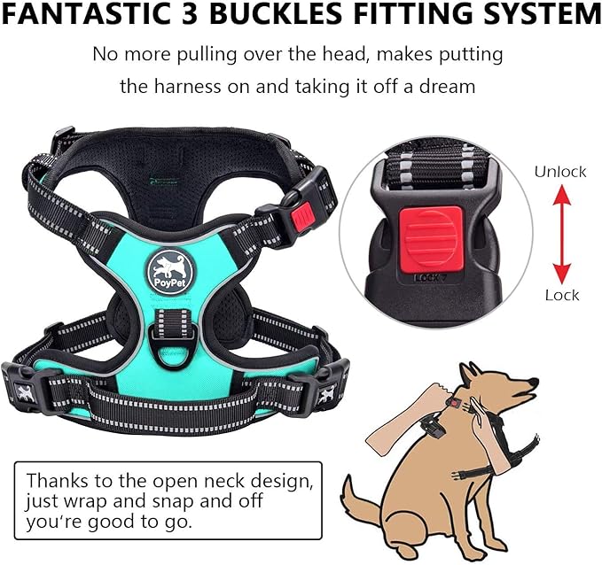 PoyPet No Pull Dog Harness, No Choke Front Lead Dog Reflective Harness, Adjustable Soft Padded Pet Vest with Easy Control Handle for Small to Large Dogs(Mint Blue,XS)