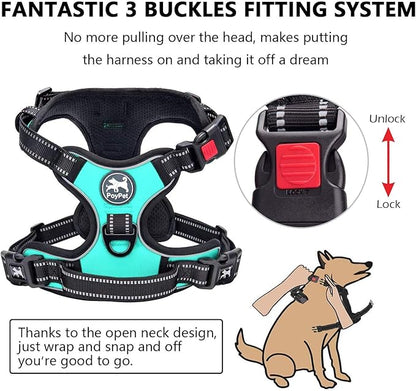 PoyPet No Pull Dog Harness, No Choke Front Lead Dog Reflective Harness, Adjustable Soft Padded Pet Vest with Easy Control Handle for Small to Large Dogs(Mint Blue,XS)