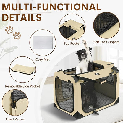 X-ZONE PET Dog Crate 3-Door Kennel, Collapsible Portable Soft Sided Pet Carriers for Indoor & Outdoor, Multiple (24-Inch, Rice White)