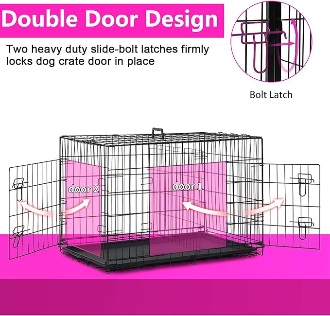 FDW 48 Inch Dog Crate Dog Kennel Cage with Double Door Folding Metal Wire Dog Cage with Removable Tray&Divider Panel for Large Dogs,Black