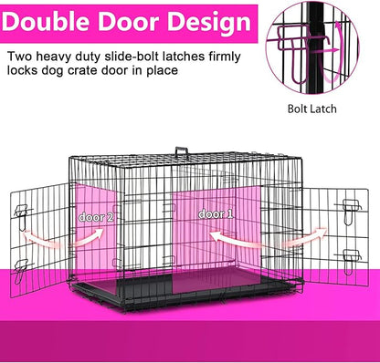 FDW 48 Inch Dog Crate Dog Kennel Cage with Double Door Folding Metal Wire Dog Cage with Removable Tray&Divider Panel for Large Dogs,Black