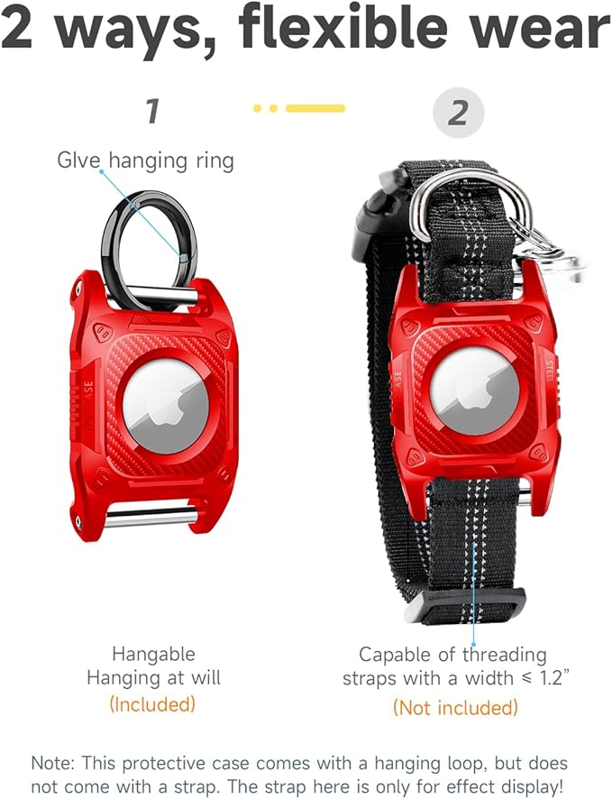 IP68 Waterproof Airtag Case for Dog Collar [1 Pack] Airtag Dog Collar Holder Hard TPU Full Protection Airtag Holder with Removable Handle Cat Dog GPS Tracker Anti Loss air tag Cover（Red）