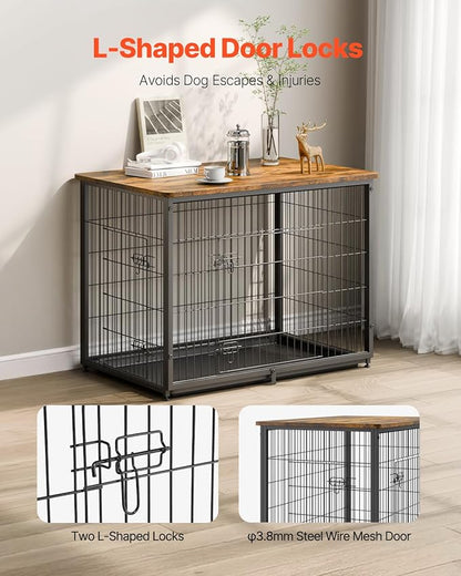 VEVOR 44in Dog Furniture Kennel - Decorative Wooden Dog Crate with Removable Tray, Double Doors, End Table for Small to Large Dogs