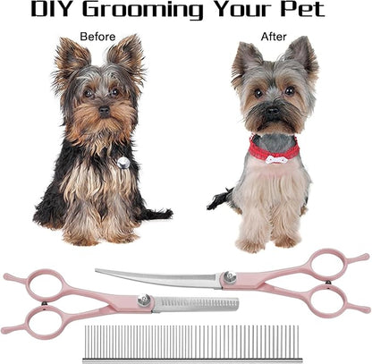 Professional Dog Grooming Scissors Set, 4 in 1 Dog Grooming Scissors Kit, Curved Dog Scissors Pet Thinning Shears, Pink