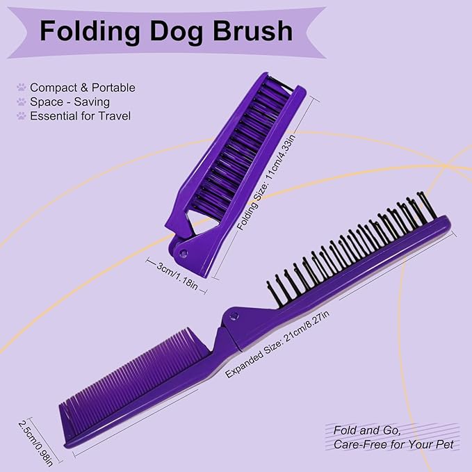 Folding Small Dog Grooming Brush - Perfect for Shih Tzus, Yorkies, and Maltipoos - Ideal Puppy Hair Brushes for Maltese and Small Breeds (Purple)